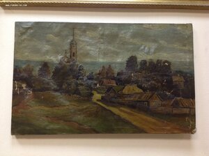 Старинная картина Русская деревня -пейзаж