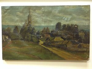Старинная картина Русская деревня -пейзаж