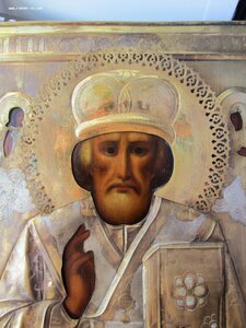 Икона "Николай Чудотворец" аналой. Штихельный оклад.
