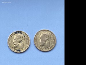 2 монеты 5 рублей Николай II,золото