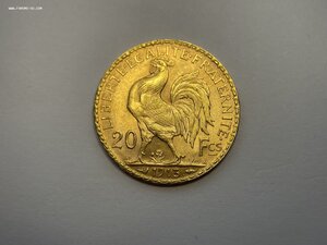Франция 1913 Петух полный блеск, MS/UNC 20Фр золото