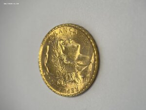 Франция 1913 Петух полный блеск, MS/UNC 20Фр золото