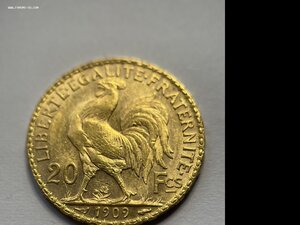 Франция 1909 Петух Золото 20 Фр, полный блеск
