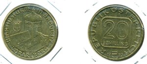Австрия 20 шиллингов, 1990 Башня Мартинстурм в Брегенце