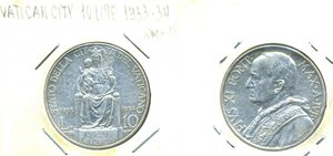 Ватикан 10 лир, 1933 - 1934 (серебро)
