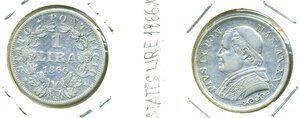 Папская область 1 лира, 1866 (серебро)