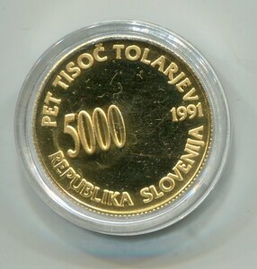Словения. 5000 толариев 1991 золото