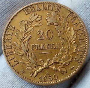 20 Франков 1850г Франция (золото 6,45гр 900пр)