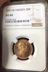 20 крон 1889 NGC MS64 Швеция золото