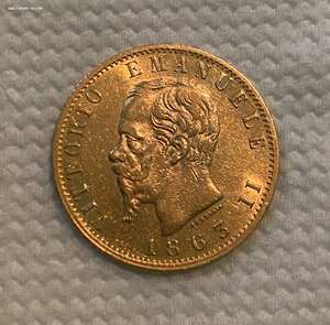 Италия 20 лир 1863 год. Эмануэль II. Золото.