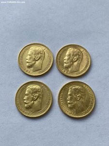 5 рублей Николай II,4 штуки,золото