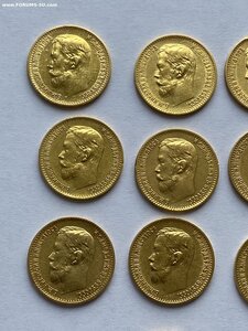 5 рублей Николай II,золото,10 монет