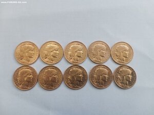 10 монет по 20 франков. Сохран.
