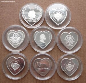 5 и10 $ серебро 8 монет "сердечки" разных стран