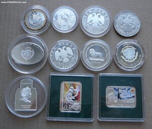 11 монет серебро 3руб, импорт цвет, позол, пруф