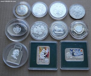 11 монет серебро 3руб, импорт цвет, позол, пруф