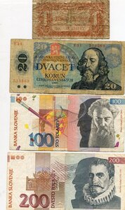 Банкноты Чехословакии и Словении.