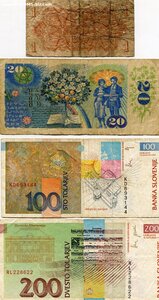 Банкноты Чехословакии и Словении.