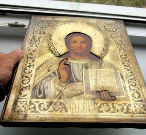 Икона "Господь Вседержитель" аналой, штихельный оклад.