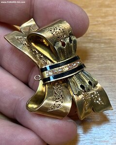 Золотая брошь 56 пробы. Большой размер. Эмаль, жемчуг