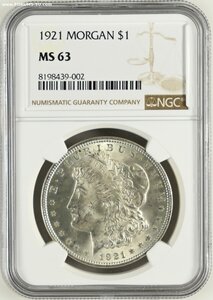 1 доллар 1921 г. - Морган - США - слаб NGC MS 63
