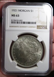 1 доллар 1921 г. - Морган - США - слаб NGC MS 63