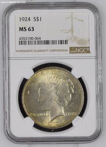 1 доллар 1924 г. - Мирный - США - слаб NGC MS 63