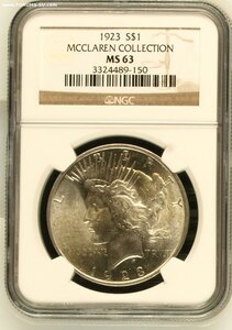 1 доллар 1923 г. - Мирный - США - слаб NGC MS 63