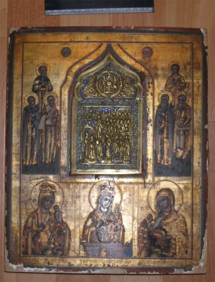Икона-врезка "ПОКРОВ Пр.Богород" (дерево, позолота, бронза).