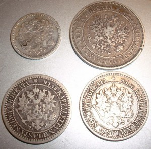 Финляндия 1 марка 1865+1866 2 марки 1874 50 пенни 1871 Сереб