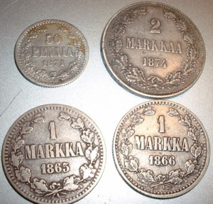 Финляндия 1 марка 1865+1866 2 марки 1874 50 пенни 1871 Сереб