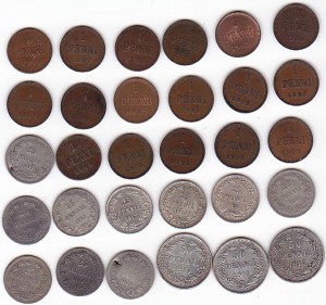 Финляндия 30 монет 1 25 50 пенни 1875-1917 Серебро Медь