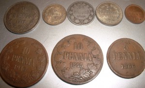 Финляндия 18 монет 1-50 пенни+1 марка 1867-1917 Серебро Медь