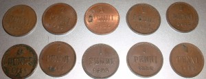Финляндия 18 монет 1-50 пенни+1 марка 1867-1917 Серебро Медь