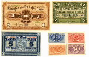 Латвия 1919 год Комплект из 10 Бон : 5 копеек - 100 Рублей
