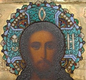 Икона Спасителя. Оклад латунный. Венец-эмаль.