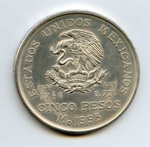 Cinco PESOS. Мексика. 1943, 1953, 1979 гг.